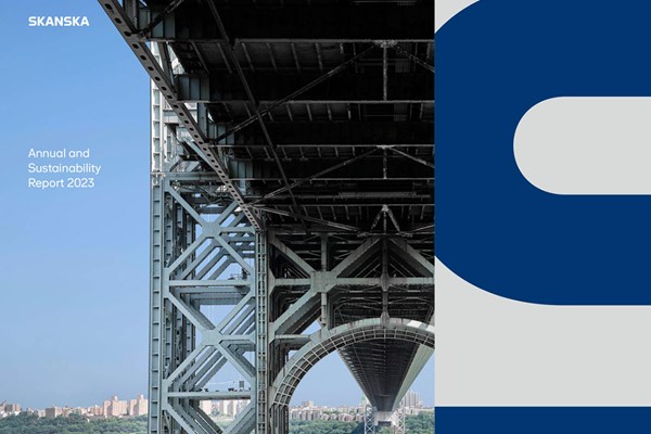 A bridge seen from below and a Skanska logo cutout