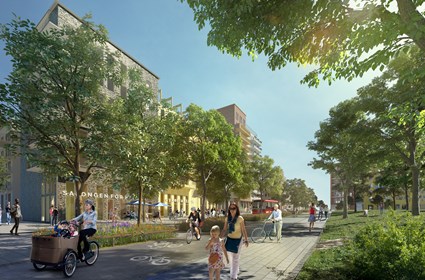 Pedestrians and cyclists are given priority in the new neighborhood. Pedestrians and cyclists are given priority in the new neighborhood.