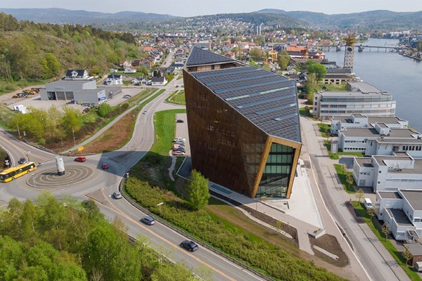 Bird view of a building with solar panels